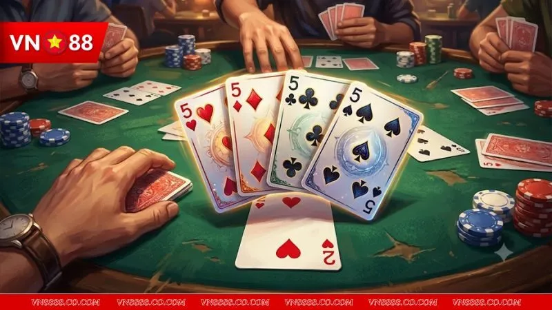 Bốn lá bài năm chặn một lá hai đỏ minh họa luật đi tứ quý trong tiến lên miền Nam.