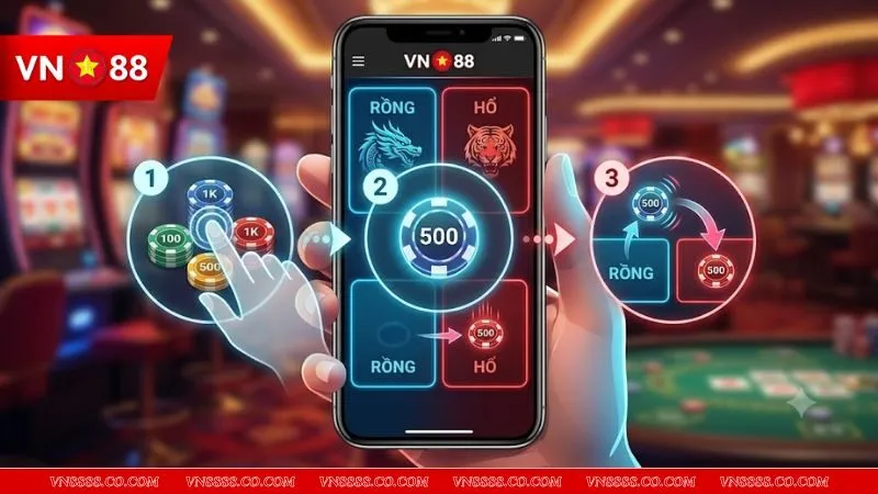 Các bước đặt cược trực quan trên điện thoại giúp người chơi áp dụng luật chơi rồng hổ dễ dàng.