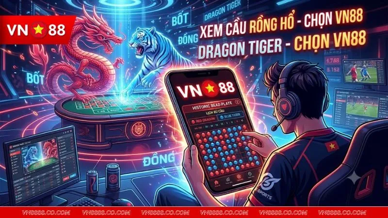 Giao diện bàn cược Rồng Hổ trực tuyến hiển thị bảng lịch sử cầu xanh đỏ giúp áp dụng mẹo bắt cầu rồng hổ hiệu quả.