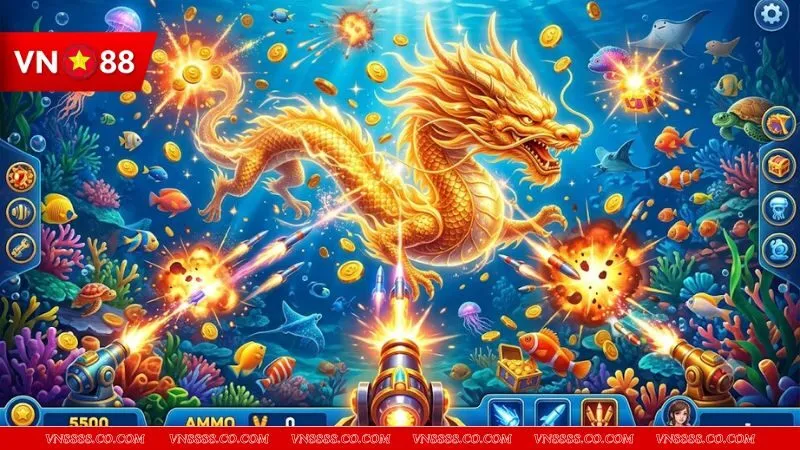 Giao diện game bắn cá Long Vương tại VN88 với hình ảnh rồng vàng tỏa sáng, minh họa cho mẹo săn rồng vàng trong game bắn cá