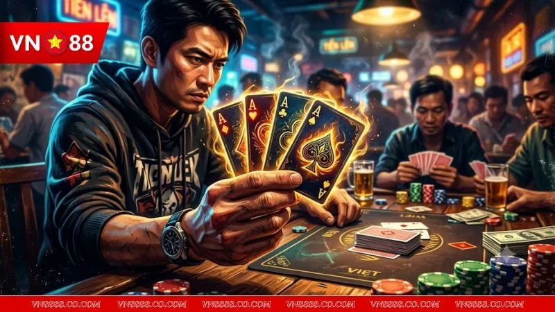 Người chơi cầm bốn lá bài giống nhau thể hiện luật đi tứ quý trong tiến lên chuyên nghiệp.