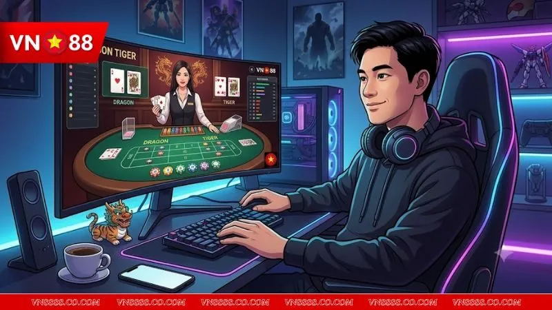 Người chơi giữ tâm lý bình tĩnh trước màn hình máy tính để áp dụng mẹo bắt cầu rồng hổ một cách sáng suốt nhất.
