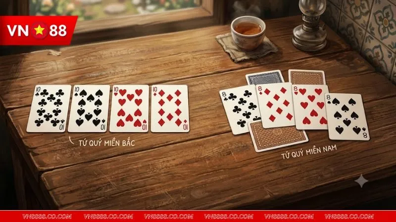 So sánh các bộ bài đồng màu đồng chất theo luật đi tứ quý trong tiến lên miền Bắc và Nam.