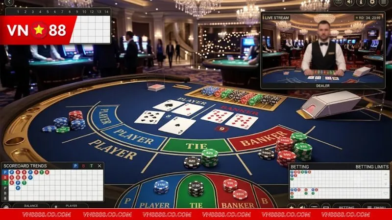 Bàn chơi Baccarat với các phỉnh đặt cược vào thuật ngữ nhà con nhà cái trong baccarat một cách rõ ràng
