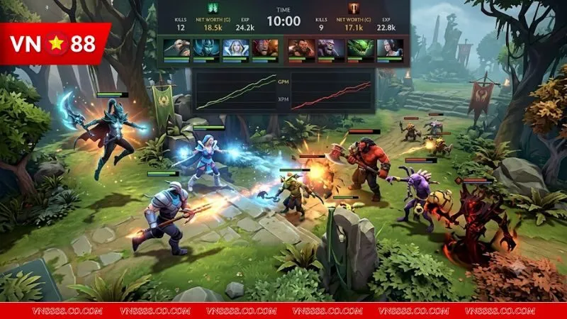 Bảng điểm trận đấu Dota 2 ở phút thứ 10 giúp người chơi áp dụng kinh nghiệm cược lợi nhuận dota 2 hiệu quả