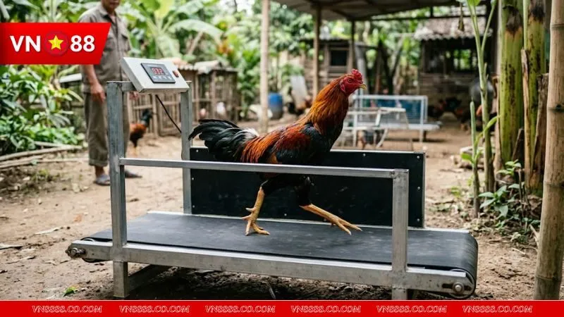 Cận cảnh chiến kê đang thực hiện bài tập chạy bộ trên máy chuyên dụng để tăng sức bền và sự dẻo dai.