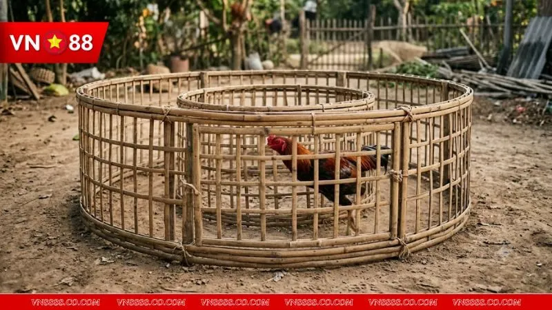 Chiến kê đang di chuyển liên tục bên trong lồng chạy chuyên dụng để rèn luyện sự linh hoạt và đôi chân nhanh nhẹn.
