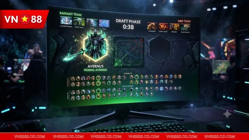 Giao diện chọn tướng trong trận đấu Dota 2 chuyên nghiệp để phân tích meta cho kinh nghiệm cược lợi nhuận dota 2