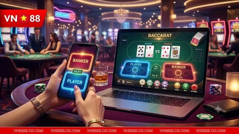 Giao diện ván bài Baccarat hiển thị rõ hai khu vực đặt cược cho nhà con và nhà cái