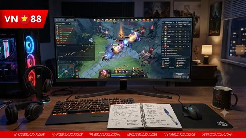 Góc làm việc của tay chơi Dota 2 chuyên nghiệp đang nghiên cứu dữ liệu để tìm kinh nghiệm cược lợi nhuận dota 2