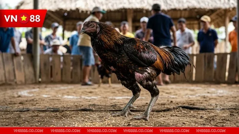 Hình ảnh chiến kê có cơ bắp săn chắc đang trong tư thế sẵn sàng, minh họa cho cách luyện gà chạy nhanh hiệu quả.