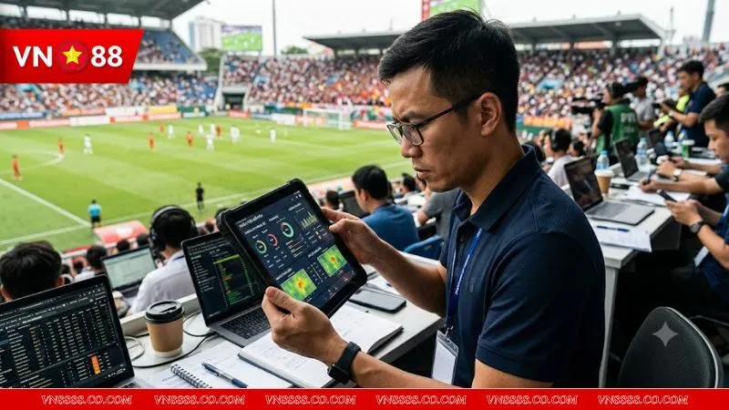 Người chơi đang phân tích dữ liệu trận đấu trên máy tính bảng để quyết định vào kèo đồng banh