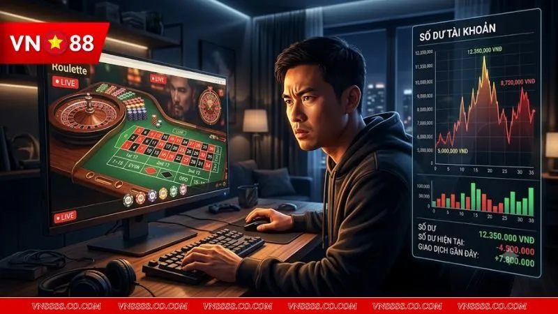 Người chơi đang tập trung cao độ trước màn hình máy tính để thực hiện cách chơi casino trực tuyến không bị cuốn