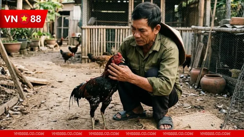 Người nuôi đang kiểm tra nhịp thở của chiến kê sau buổi tập luyện để tránh các nguy cơ chấn thương không đáng có.