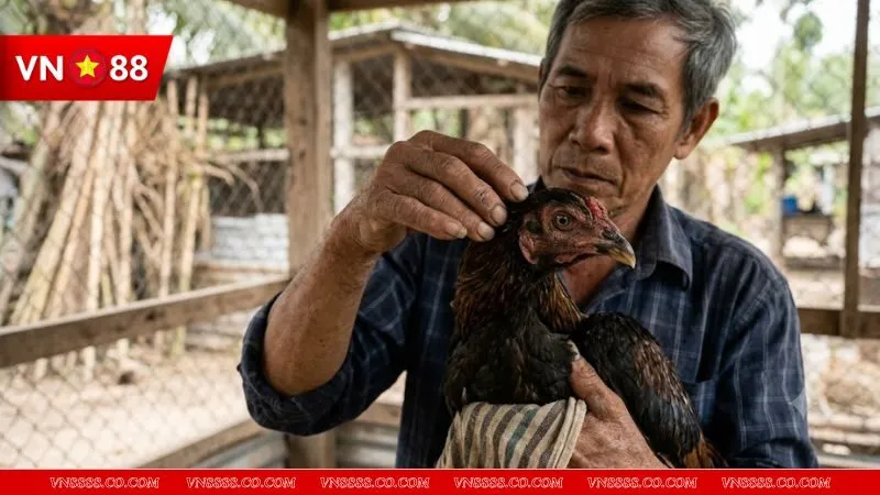 Sư kê kiểm tra khung xương sọ gà chọi để áp dụng mẹo xem tướng đầu gà chọn gà lì đòn